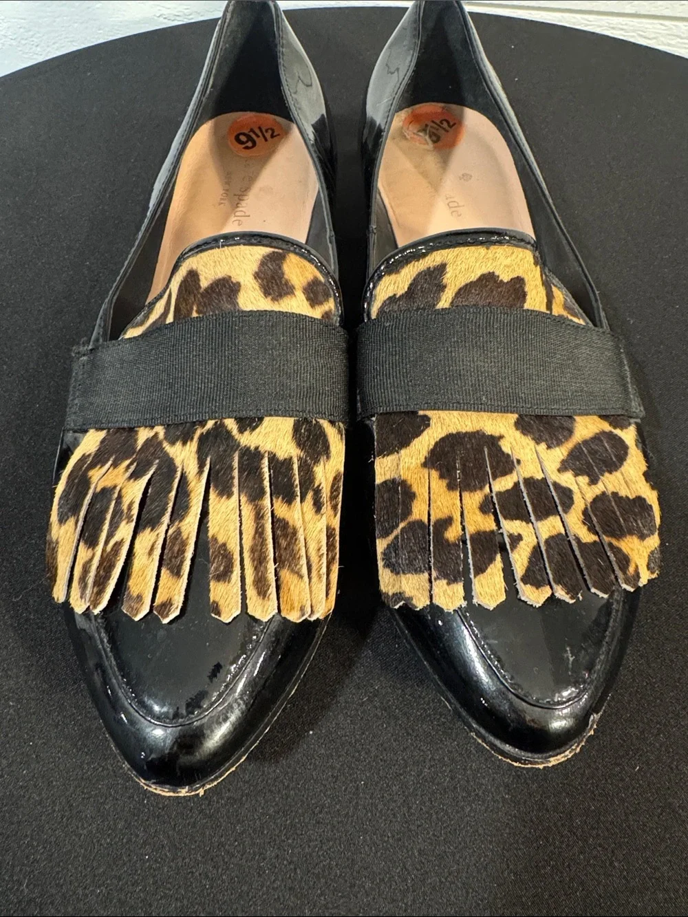 Kate Spade Black Patent Loafers with Leopard Fringe- 9 1/2
